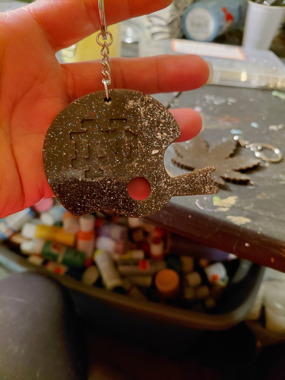 Black Glitter Football Helmet Keychain Key & Card Holder